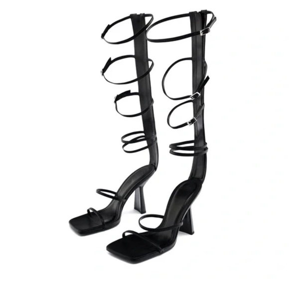 NWT Zara Black Leather Square Heel Strappy Sandals - Picture 5 of 6